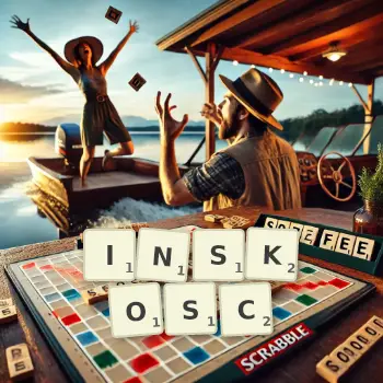 Kreatywna ilustracja do gry w Scrabble ze słowem INSKOSC ułożonym z płytek na planszy.
