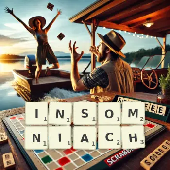 Kreatywna ilustracja do gry w Scrabble ze słowem INSOMNIACH ułożonym z płytek na planszy.