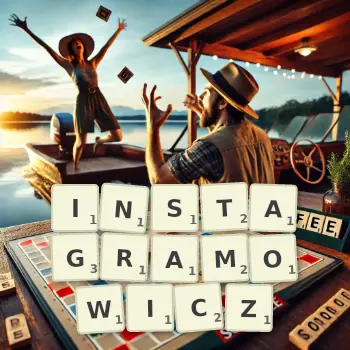 Kreatywna ilustracja do gry w Scrabble ze słowem INSTAGRAMOWICZ ułożonym z płytek na planszy.