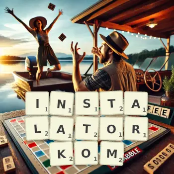 Kreatywna ilustracja do gry w Scrabble ze słowem INSTALATORKOM ułożonym z płytek na planszy.