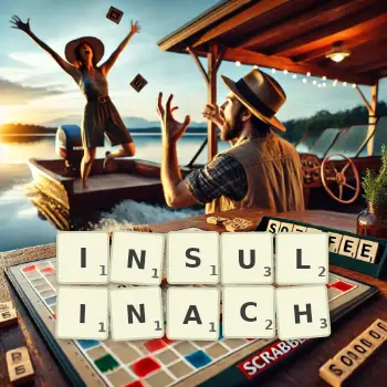 Kreatywna ilustracja do gry w Scrabble ze słowem INSULINACH ułożonym z płytek na planszy.