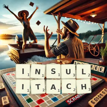 Kreatywna ilustracja do gry w Scrabble ze słowem INSULITACH ułożonym z płytek na planszy.