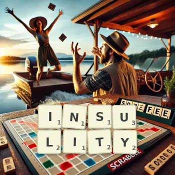 Kreatywna ilustracja do gry w Scrabble ze słowem INSULITY ułożonym z płytek na planszy.