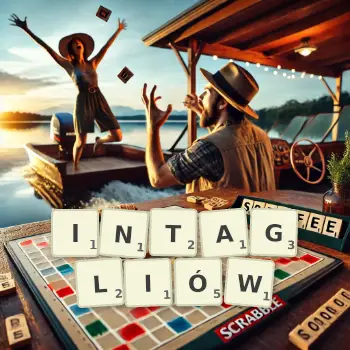 Kreatywna ilustracja do gry w Scrabble ze słowem INTAGLIÓW ułożonym z płytek na planszy.