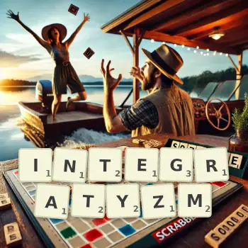 Kreatywna ilustracja do gry w Scrabble ze słowem INTEGRATYZM ułożonym z płytek na planszy.