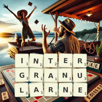 Kreatywna ilustracja do gry w Scrabble ze słowem INTERGRANULARNE ułożonym z płytek na planszy.