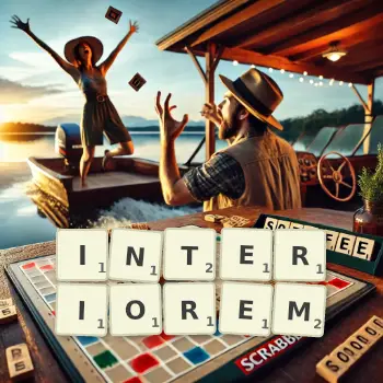 Kreatywna ilustracja do gry w Scrabble ze słowem INTERIOREM ułożonym z płytek na planszy.