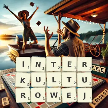 Kreatywna ilustracja do gry w Scrabble ze słowem INTERKULTUROWEJ ułożonym z płytek na planszy.