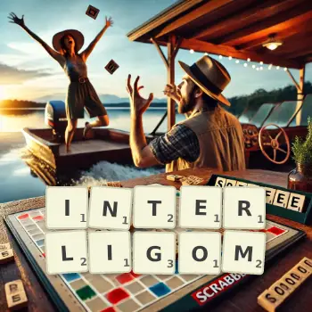 Kreatywna ilustracja do gry w Scrabble ze słowem INTERLIGOM ułożonym z płytek na planszy.