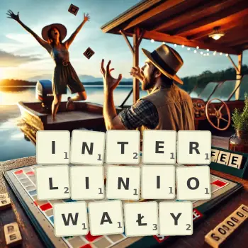 Kreatywna ilustracja do gry w Scrabble ze słowem INTERLINIOWAŁY ułożonym z płytek na planszy.