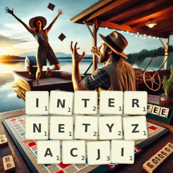 Kreatywna ilustracja do gry w Scrabble ze słowem INTERNETYZACJI ułożonym z płytek na planszy.
