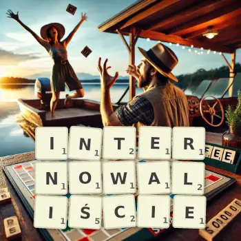 Kreatywna ilustracja do gry w Scrabble ze słowem INTERNOWALIŚCIE ułożonym z płytek na planszy.