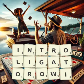 Kreatywna ilustracja do gry w Scrabble ze słowem INTROLIGATOROWI ułożonym z płytek na planszy.