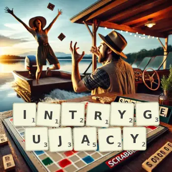 Kreatywna ilustracja do gry w Scrabble ze słowem INTRYGUJĄCY ułożonym z płytek na planszy.