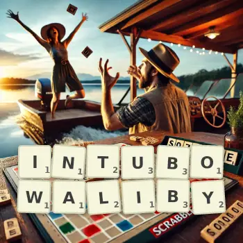 Kreatywna ilustracja do gry w Scrabble ze słowem INTUBOWALIBY ułożonym z płytek na planszy.