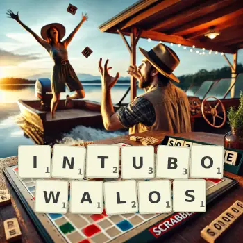 Kreatywna ilustracja do gry w Scrabble ze słowem INTUBOWALOS ułożonym z płytek na planszy.