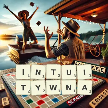 Kreatywna ilustracja do gry w Scrabble ze słowem INTUITYWNA ułożonym z płytek na planszy.