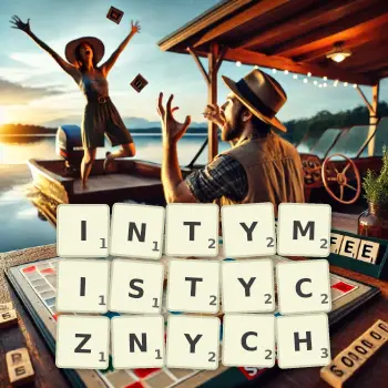 Kreatywna ilustracja do gry w Scrabble ze słowem INTYMISTYCZNYCH ułożonym z płytek na planszy.