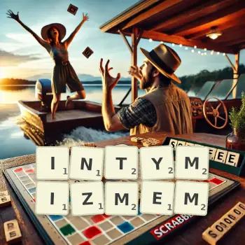 Kreatywna ilustracja do gry w Scrabble ze słowem INTYMIZMEM ułożonym z płytek na planszy.