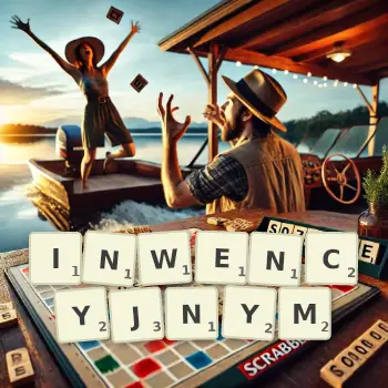 Kreatywna ilustracja do gry w Scrabble ze słowem INWENCYJNYM ułożonym z płytek na planszy.