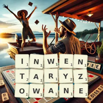 Kreatywna ilustracja do gry w Scrabble ze słowem INWENTARYZOWANE ułożonym z płytek na planszy.