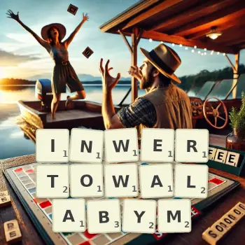 Kreatywna ilustracja do gry w Scrabble ze słowem INWERTOWALABYM ułożonym z płytek na planszy.