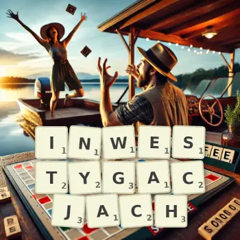 Kreatywna ilustracja do gry w Scrabble ze słowem INWESTYGACJACH ułożonym z płytek na planszy.
