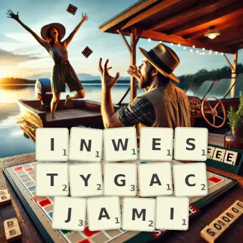Kreatywna ilustracja do gry w Scrabble ze słowem INWESTYGACJAMI ułożonym z płytek na planszy.