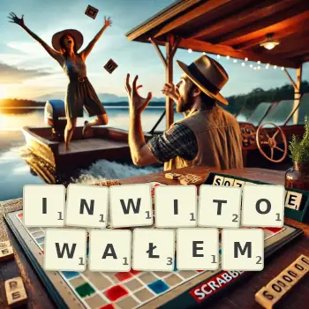 Kreatywna ilustracja do gry w Scrabble ze słowem INWITOWAŁEM ułożonym z płytek na planszy.