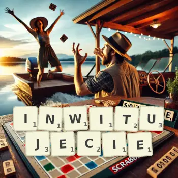 Kreatywna ilustracja do gry w Scrabble ze słowem INWITUJECIE ułożonym z płytek na planszy.
