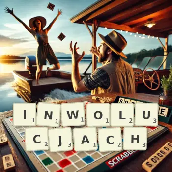 Kreatywna ilustracja do gry w Scrabble ze słowem INWOLUCJACH ułożonym z płytek na planszy.