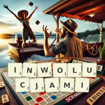 Kreatywna ilustracja do gry w Scrabble ze słowem INWOLUCJAMI ułożonym z płytek na planszy.