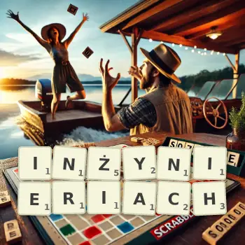 Kreatywna ilustracja do gry w Scrabble ze słowem INŻYNIERIACH ułożonym z płytek na planszy.