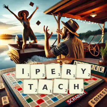 Kreatywna ilustracja do gry w Scrabble ze słowem IPERYTACH ułożonym z płytek na planszy.
