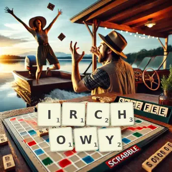 Kreatywna ilustracja do gry w Scrabble ze słowem IRCHOWY ułożonym z płytek na planszy.