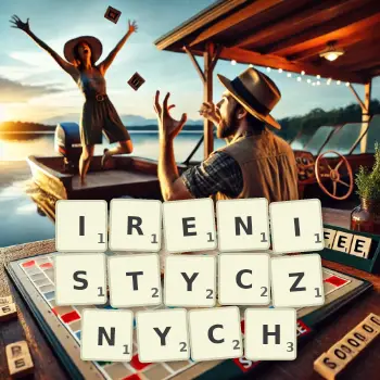 Kreatywna ilustracja do gry w Scrabble ze słowem IRENISTYCZNYCH ułożonym z płytek na planszy.