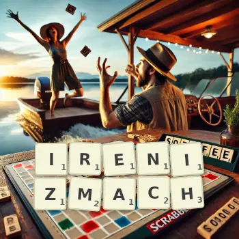Kreatywna ilustracja do gry w Scrabble ze słowem IRENIZMACH ułożonym z płytek na planszy.