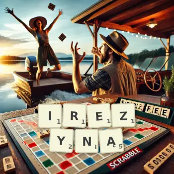 Kreatywna ilustracja do gry w Scrabble ze słowem IREZYNĄ ułożonym z płytek na planszy.