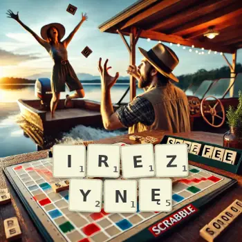 Kreatywna ilustracja do gry w Scrabble ze słowem IREZYNĘ ułożonym z płytek na planszy.