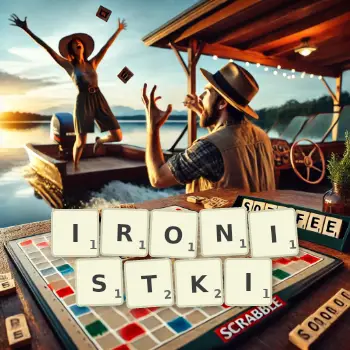 Kreatywna ilustracja do gry w Scrabble ze słowem IRONISTKI ułożonym z płytek na planszy.
