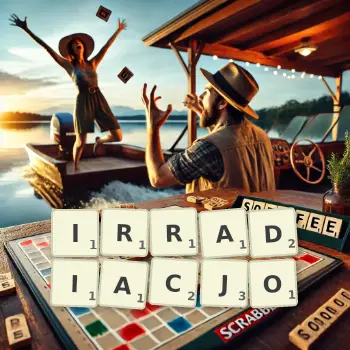 Kreatywna ilustracja do gry w Scrabble ze słowem IRRADIACJO ułożonym z płytek na planszy.