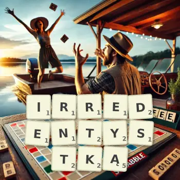 Kreatywna ilustracja do gry w Scrabble ze słowem IRREDENTYSTKĄ ułożonym z płytek na planszy.