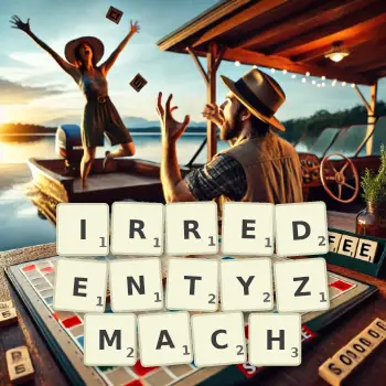Kreatywna ilustracja do gry w Scrabble ze słowem IRREDENTYZMACH ułożonym z płytek na planszy.