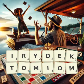 Kreatywna ilustracja do gry w Scrabble ze słowem IRYDEKTOMIOM ułożonym z płytek na planszy.