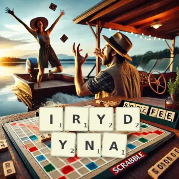 Kreatywna ilustracja do gry w Scrabble ze słowem IRYDYNA ułożonym z płytek na planszy.