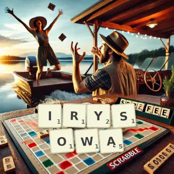 Kreatywna ilustracja do gry w Scrabble ze słowem IRYSOWĄ ułożonym z płytek na planszy.