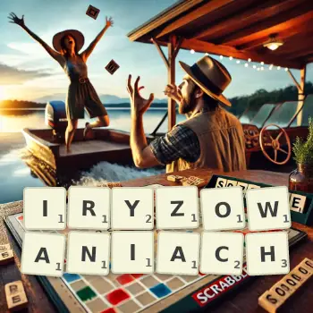 Kreatywna ilustracja do gry w Scrabble ze słowem IRYZOWANIACH ułożonym z płytek na planszy.