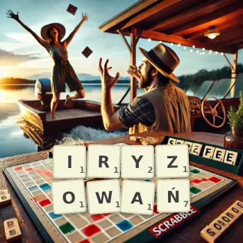 Kreatywna ilustracja do gry w Scrabble ze słowem IRYZOWAŃ ułożonym z płytek na planszy.