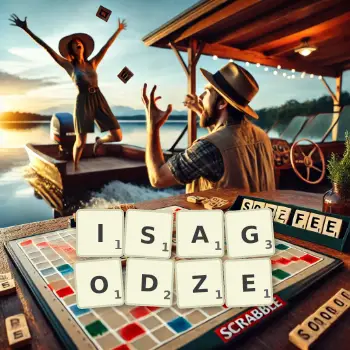 Kreatywna ilustracja do gry w Scrabble ze słowem ISAGODZE ułożonym z płytek na planszy.