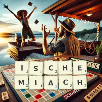 Kreatywna ilustracja do gry w Scrabble ze słowem ISCHEMIACH ułożonym z płytek na planszy.
